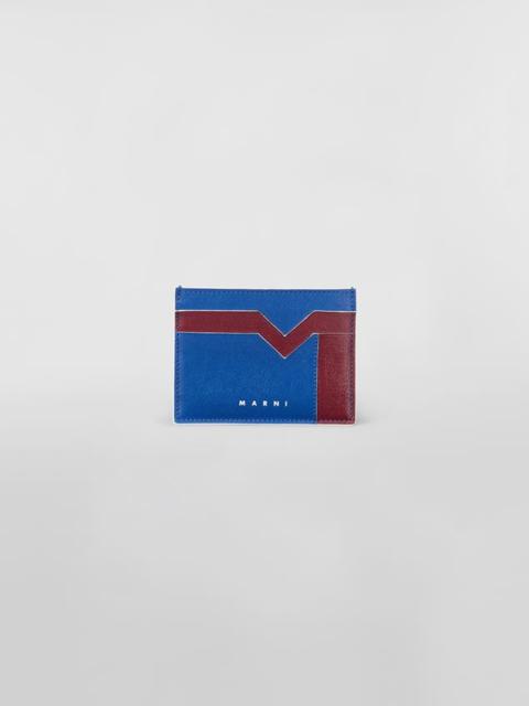 Marni BI-COLOURED BLUE AND BORDEAUX CALFSKIN CARD HOLDER WITH M GRAPHIC PATTERN