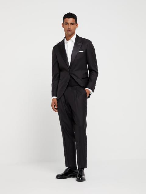 Lightweight virgin wool and silk twill tuxedo with peak lapel jacket and pleated trousers