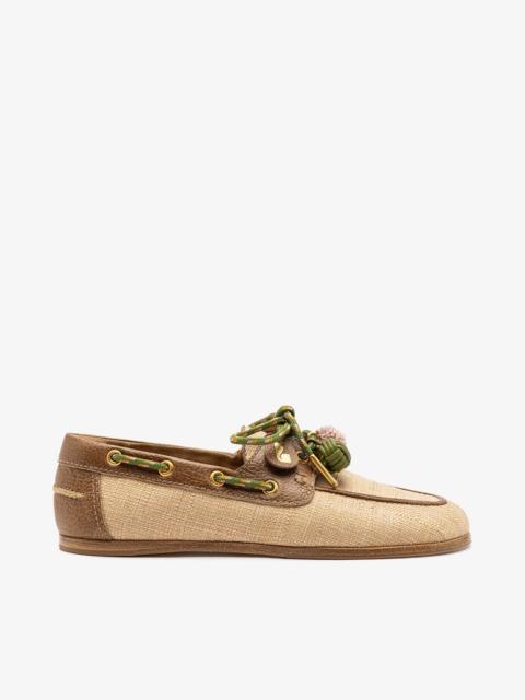 Larroudé Cyprus Boat Shoe In Beige Raffia And Brown Leather