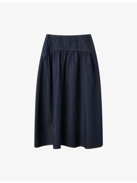 WHISTLES High-Rise A-Line Denim Midi Skirt