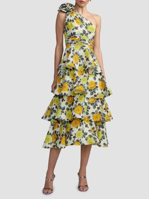 MAC DUGGAL Women's Tiered Floral Charmeuse One-Shoulder Midi-Dress - Yellow Rose
