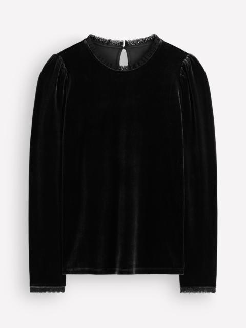 BODEN Lace Trim Velvet Top-Black