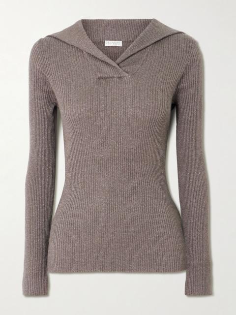 Brunello Cucinelli Ribbed metallic cashmere and silk-blend top Dark brown