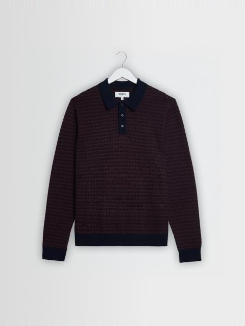 Wax London Oban - Brown And Navy Geometric Long-Sleeve Knitted Polo