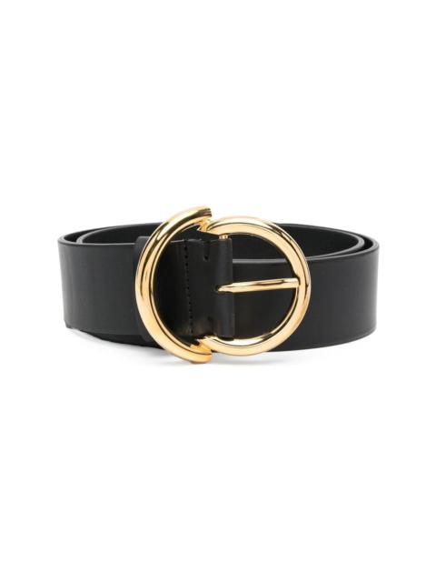 gold-buckle leather belt