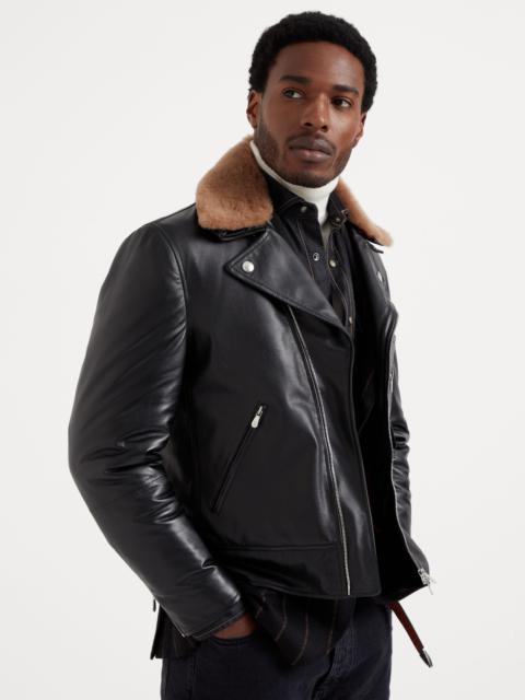 Polished calfskin biker jacket with Thermore® padding and detachable shearling collar