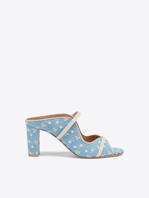 MALONE SOULIERS Norah 70 Blue Floral Denim Heeled Sandals