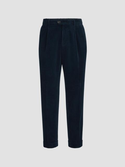 Brunello Cucinelli Men's Garment-Dyed Trousers in Cotton Corduroy with Pleat - Navy Blue