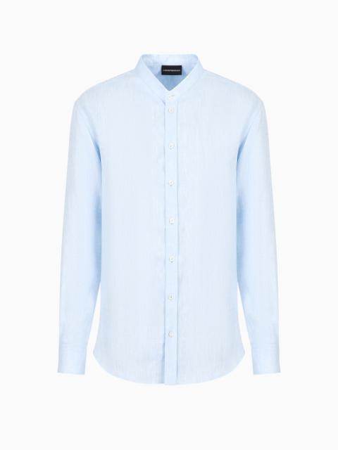 EMPORIO ARMANI Linen chambray shirt with guru collar