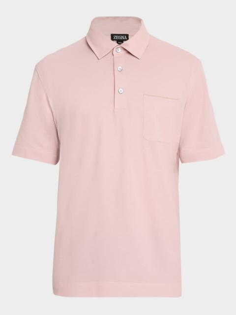 ZEGNA Men's Leather-Trim Pocket Pique Polo Shirt