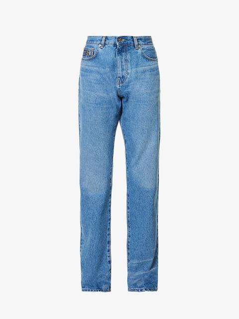 Faded-wash belt-loop straight-leg mid-rise jeans