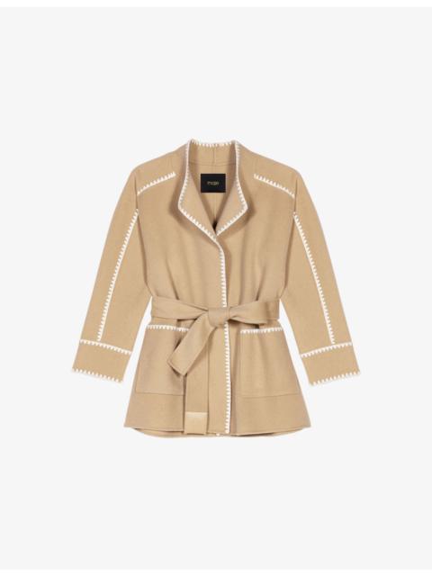 maje Embroidered-Trim High-Neck Wool-Blend Coat