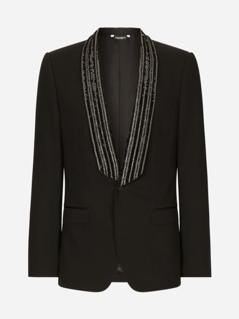Single-breasted jacket with embroidered shawl collar