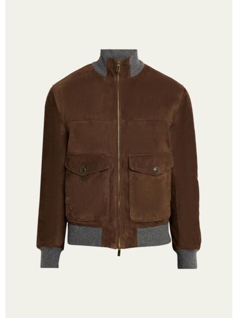 Brunello Cucinelli Men's Suede Knit-Trim Bomber Jacket
