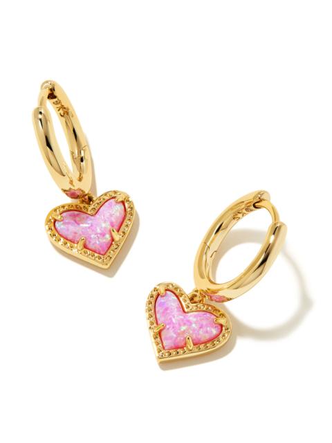 KENDRA SCOTT Ari Heart Gold Huggie Earrings in Bubblegum Pink Lab Grown Opal