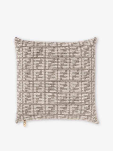 FENDI Two-tone soft cashmere square cushion with FF motif in natural tones of dove gray and white. Intent 