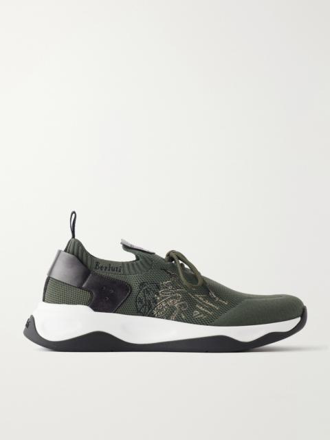 Berluti Shadow Logo-Embroidered Leather-Trimmed Stretch-Knit Sneakers