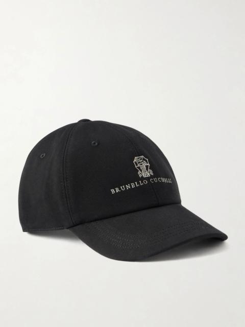 Brunello Cucinelli Logo-Embroidered Leather-Trimmed Cotton-Twill Baseball Cap Black
