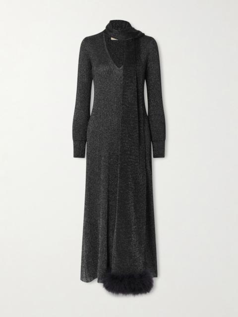 Valentino Scarf-detailed feather-trimmed metallic ribbed-knit midi dress Black