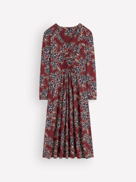 BODEN Jasmine Ruched Jersey Dress-Roasted Brown, Enchanted Peony