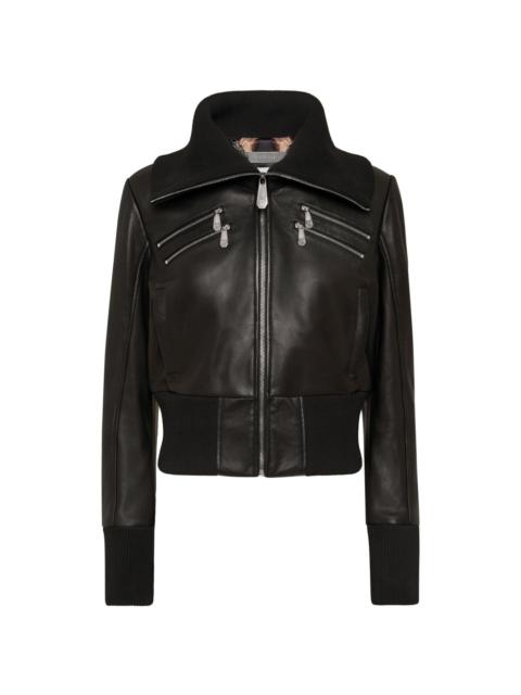 knitted-collar zipped leather jacket