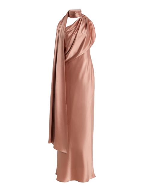 SEV Scarf-Neck Satin Midi Dress pink