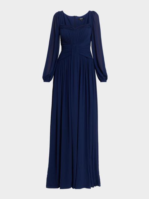 BADGLEY MISCHKA Draped Blouson-Sleeve Sweetheart Gown