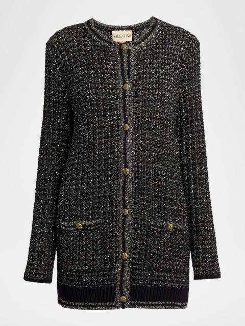 Valentino Paillette Knit Long Crewneck Cardigan