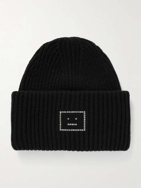 Crystal-embellished ribbed wool beanie