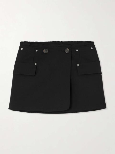 Wrap-effect embellished frayed wool-blend mini skirt