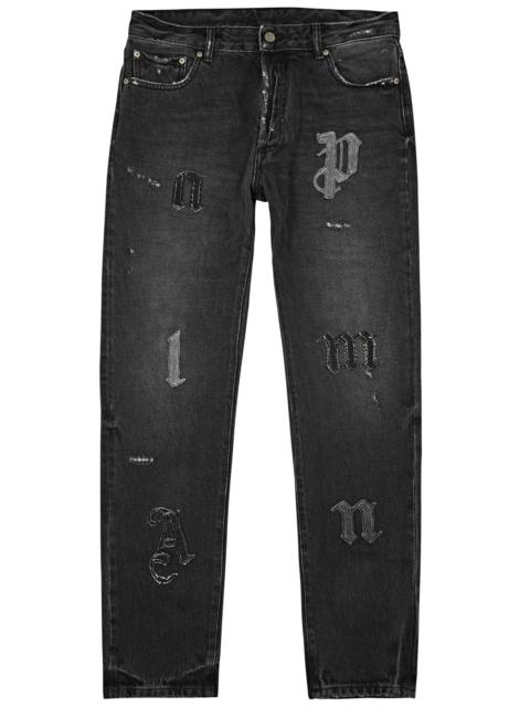 Palm Angels Logo-appliquéd distressed slim-leg jeans