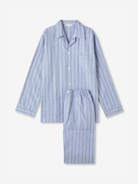 Derek Rose Men's Classic Fit Pajamas Arran Brushed Cotton Blue Herringbone Stripe