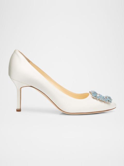 Manolo Blahnik 70mm Hangisi Satin Pumps with Crystal Buckle