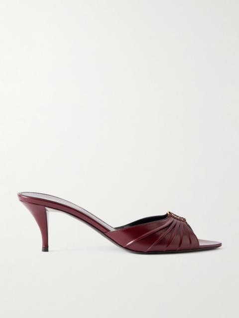 SAINT LAURENT Babylone Cassandre-embellished gathered glossed-leather mules Burgundy
