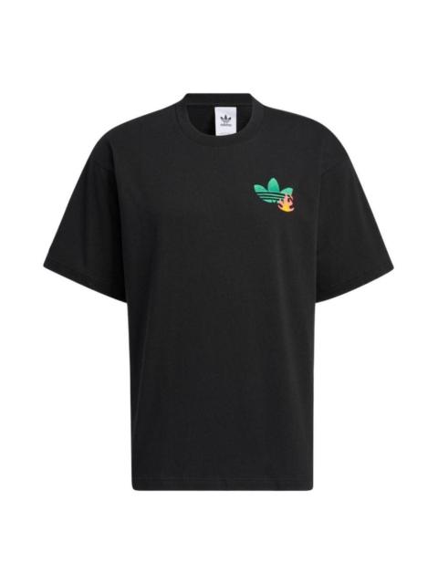 adidas Logo Cartoon Pattern Embroidered Round Neck Short Sleeve Black T-Shirt HM8041