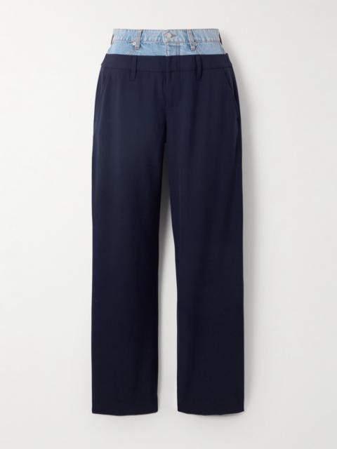 SIMKHAI Ophelia Denim-trimmed Grain De Poudre Straight-leg Pants