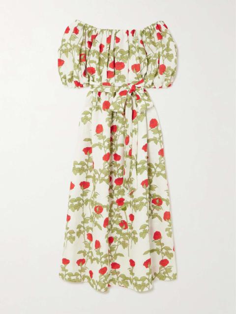 Zaza off-the-shoulder belted floral-print linen maxi dress
