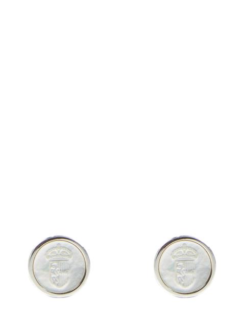 Brioni Silver cufflinks with white emblem engraved on the front.