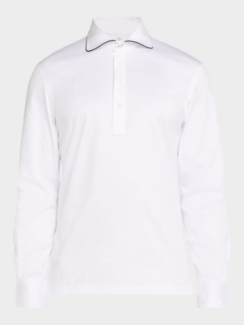 Brunello Cucinelli Men's Cotton Tipped-Collar Long-Sleeve Polo Shirt
