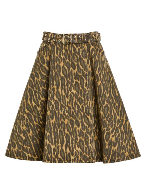 GANNI Ganni Belted Leopard-print Stretch-denim Midi Wrap Skirt