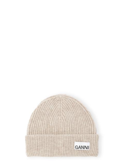 SAND FITTED WOOL RIB KNIT BEANIE