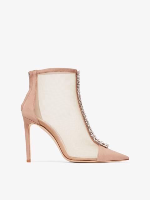 JIMMY CHOO Bing Boot 100
Ballet Pink Suede and Mesh Ankle Boots with Crystal Embellishment