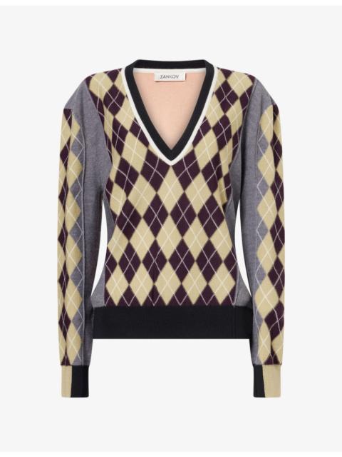 ZANKOV V-Neck Geometric-Pattern Wool Jumper