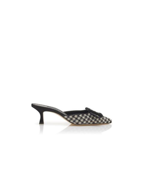 Manolo Blahnik Black and Cream Wool Buckle Detail Mules