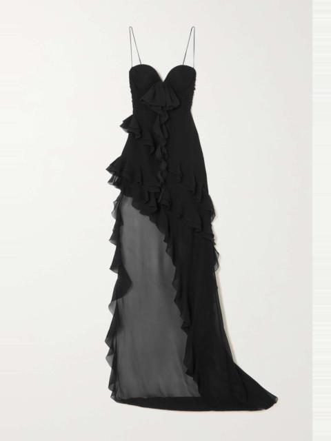 Asymmetric embellished tie-dyed silk-georgette gown