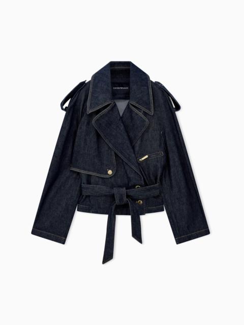 EMPORIO ARMANI BELTED DENIM JACKET WITH WIDE LAPELS AND EPAULETTES