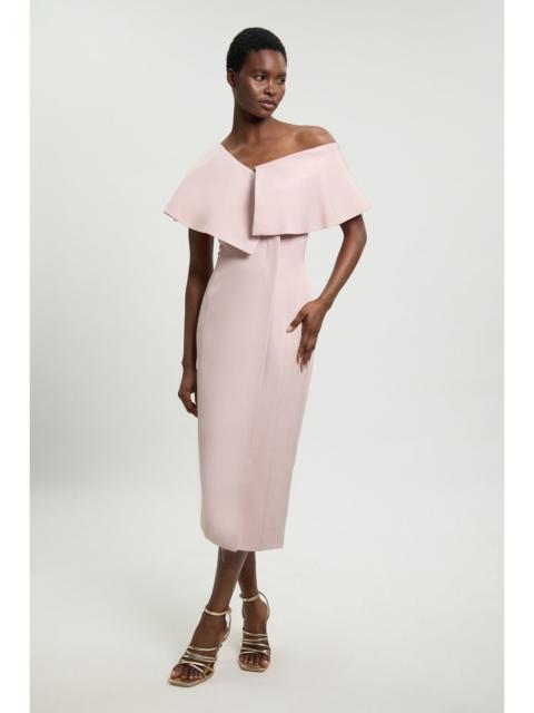 KAREN MILLEN Polished Linen Blend Asymmetric Fold Detail Tailored Midi Pencil Dress
