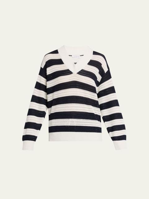 Brunello Cucinelli Sparkling Striped Cotton Net Knit V-Neck Sweater