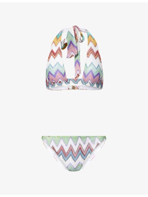 Missoni Chevron-Pattern Halterneck Metallic-Knit Bikini Set