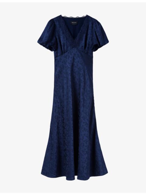 WHISTLES Floral V-Neck Satin Midi Dress